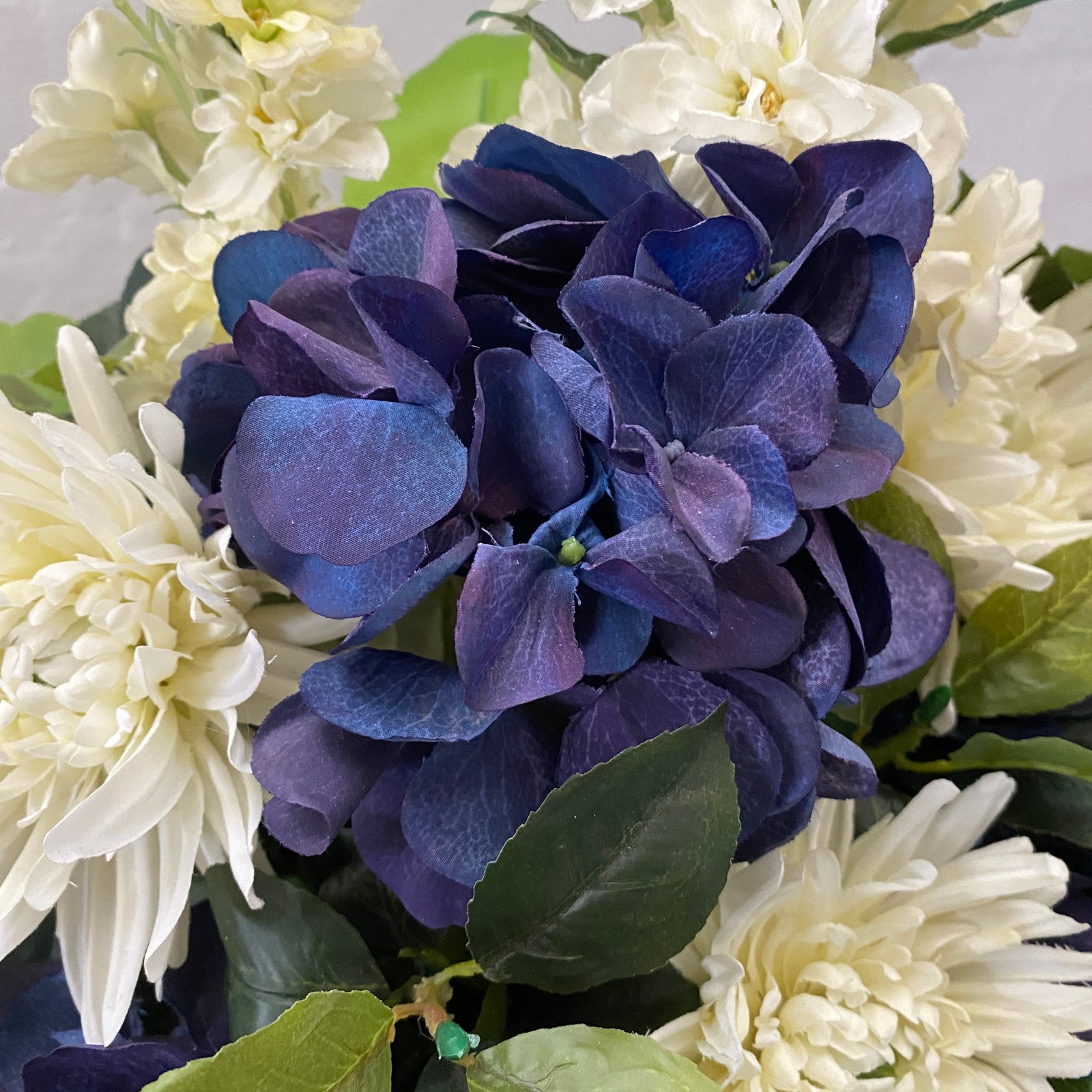 Artificial Floral Arrangement (Ex Rental) Whites and Dark Blues Ceramic