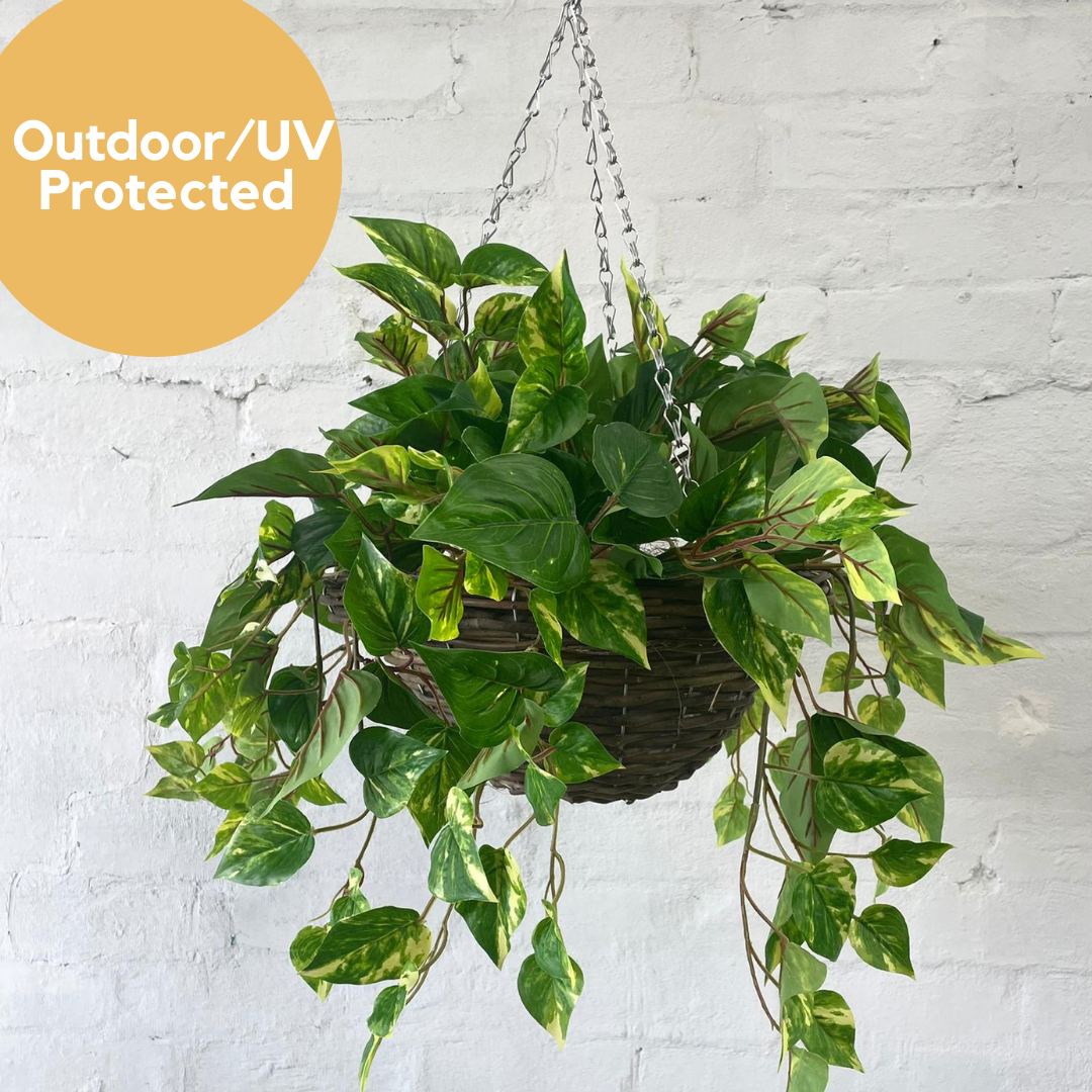 Artificial Pre Made Hanging Basket | Woven Basket with UV Protected Pothos Plant