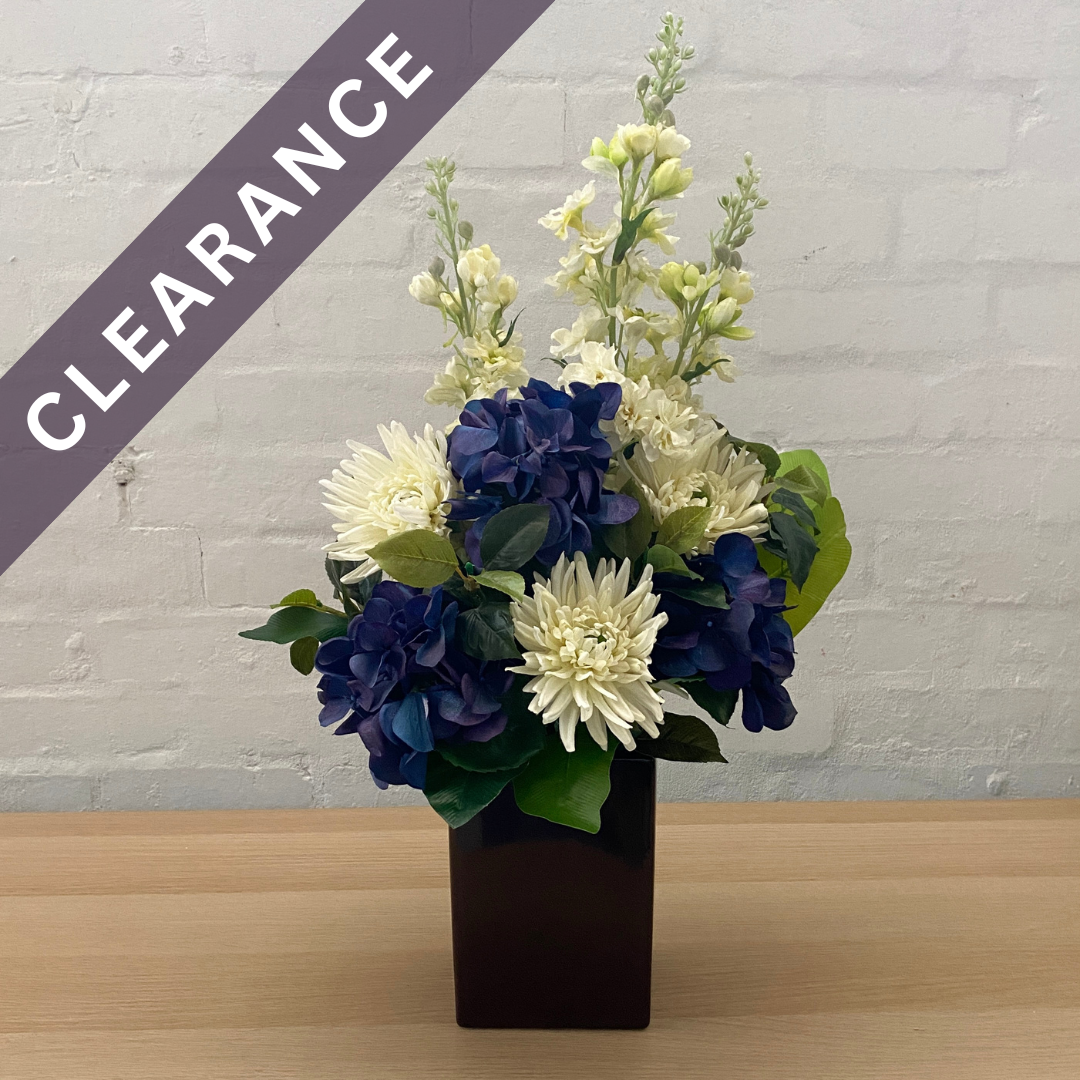 Artificial Floral Arrangement (Ex Rental) Whites and Dark Blues Ceramic