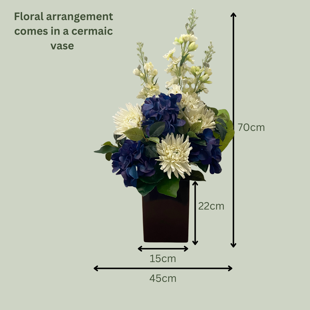 Artificial Floral Arrangement (Ex Rental) Whites and Dark Blues Ceramic