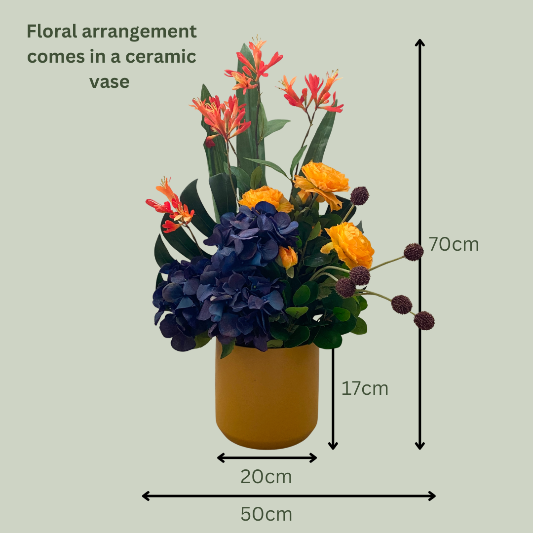 Artificial Floral Arrangement (Ex Rental) Oranges and Blues Ceramic