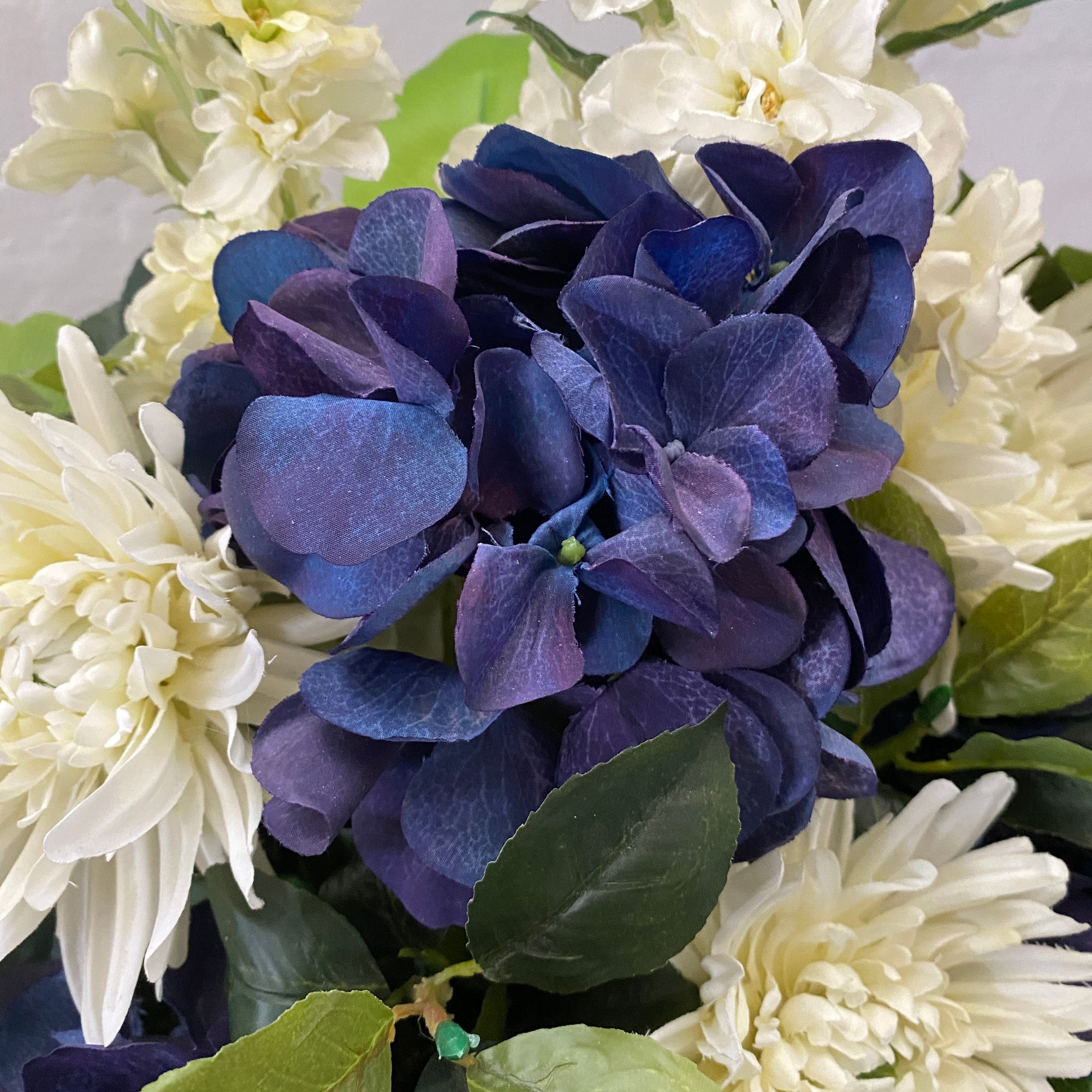 Artificial Floral Arrangement (Ex Rental) Whites and Dark Blues Ceramic