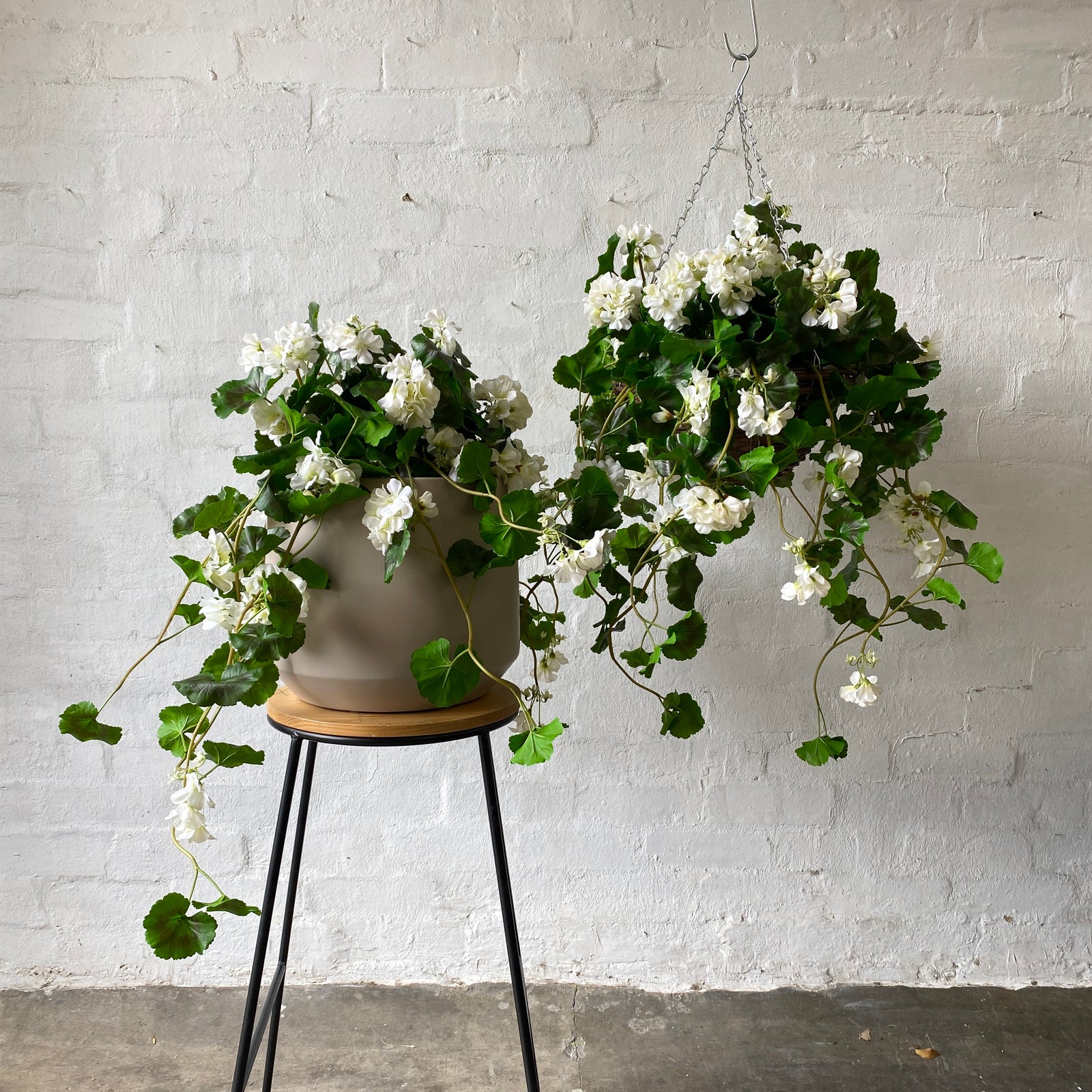 Artificial Hanging White Geranium Bush | Outdoor