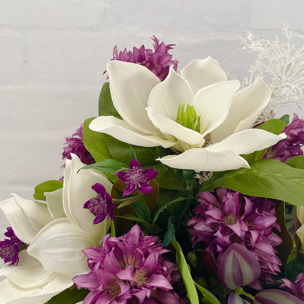 Artificial Floral Arrangement (Ex Rental) | Ceramic Vase - White and Purples